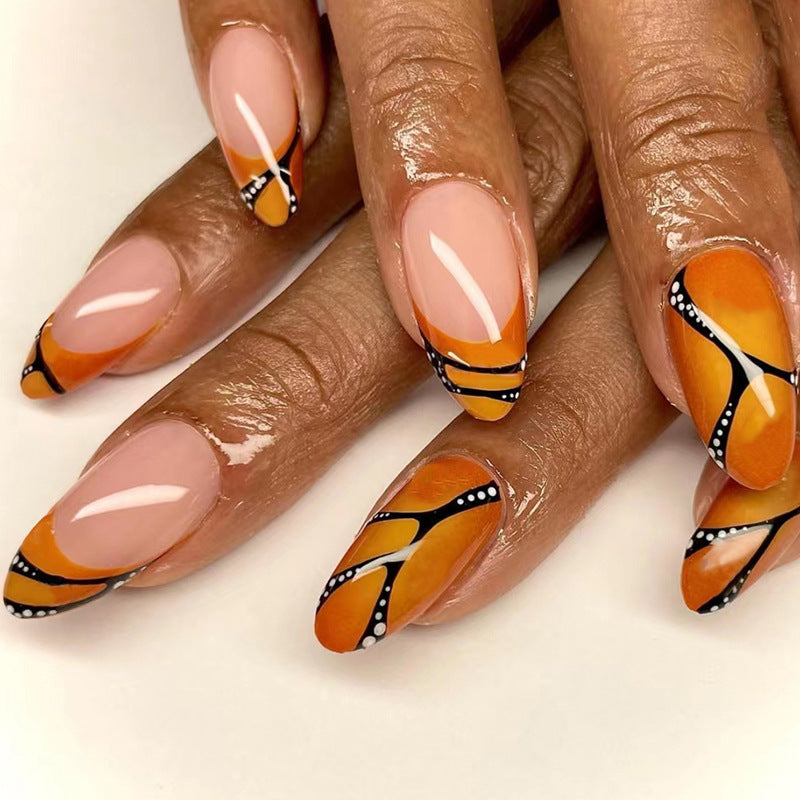 Round Tip Almond Nails, Orange and Black Halloween Design