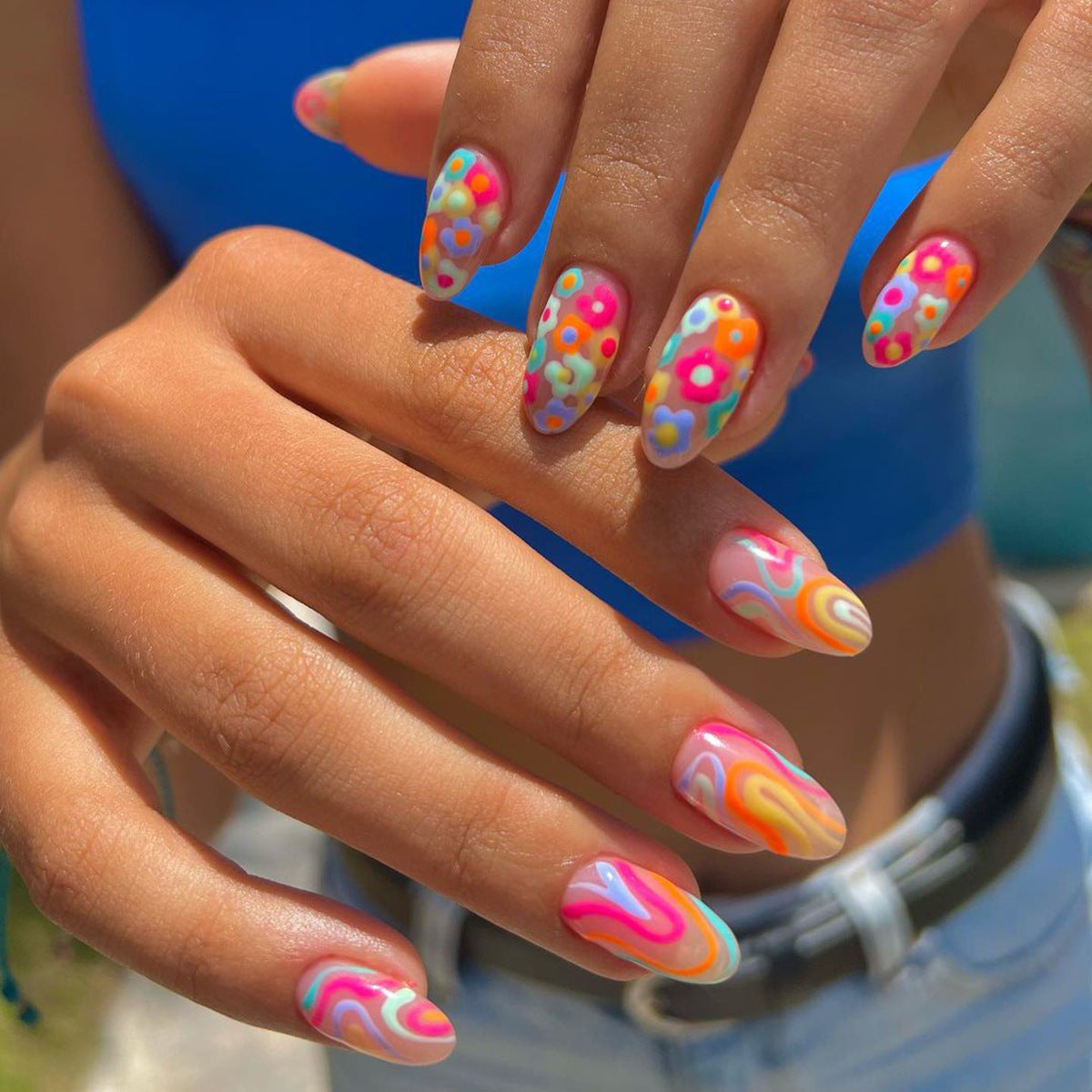 Rainbow Striped Nail Tips with Mini Flowers