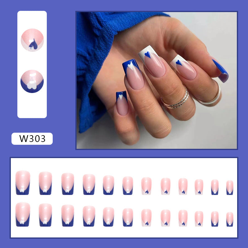 Blue French Nails Euro Square Wearable Nails Valentine's Day Fashion Wholesale