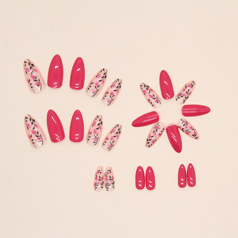 Rose Red Flower Almond Nails, Round Tip, Ins Style, Fashionable