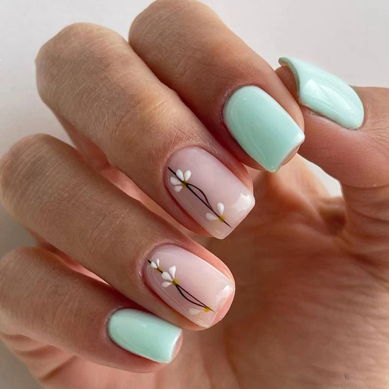 Short Fresh Light Blue Floral Fall Nails: 24-Piece Petal Design Nail Wraps