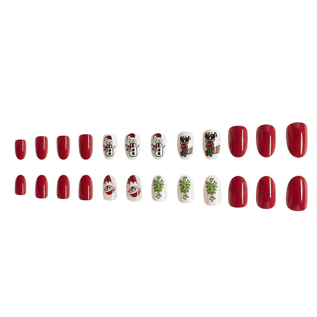 Shiny Short Christmas Nail Tips with Santa and Reindeer