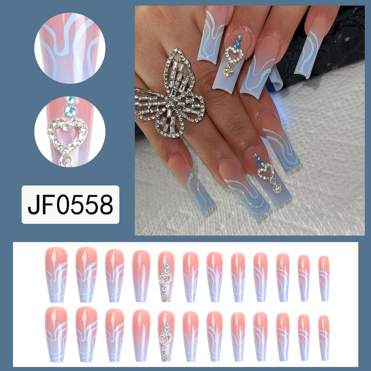 Blue Hill Pattern Long Ballet Gradient Nails, Sparkling Heart Design