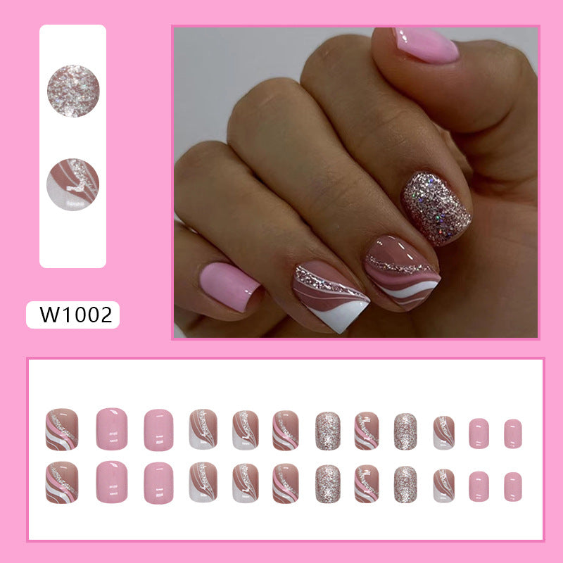 Pink White Striped Charming Sweet Shiny French Nails Ins Style