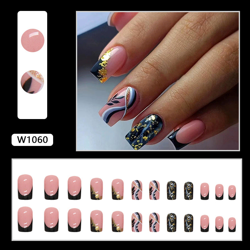 Black Cool French Gold Foil Curved Wave Leaf Nails Smoky Ink Style