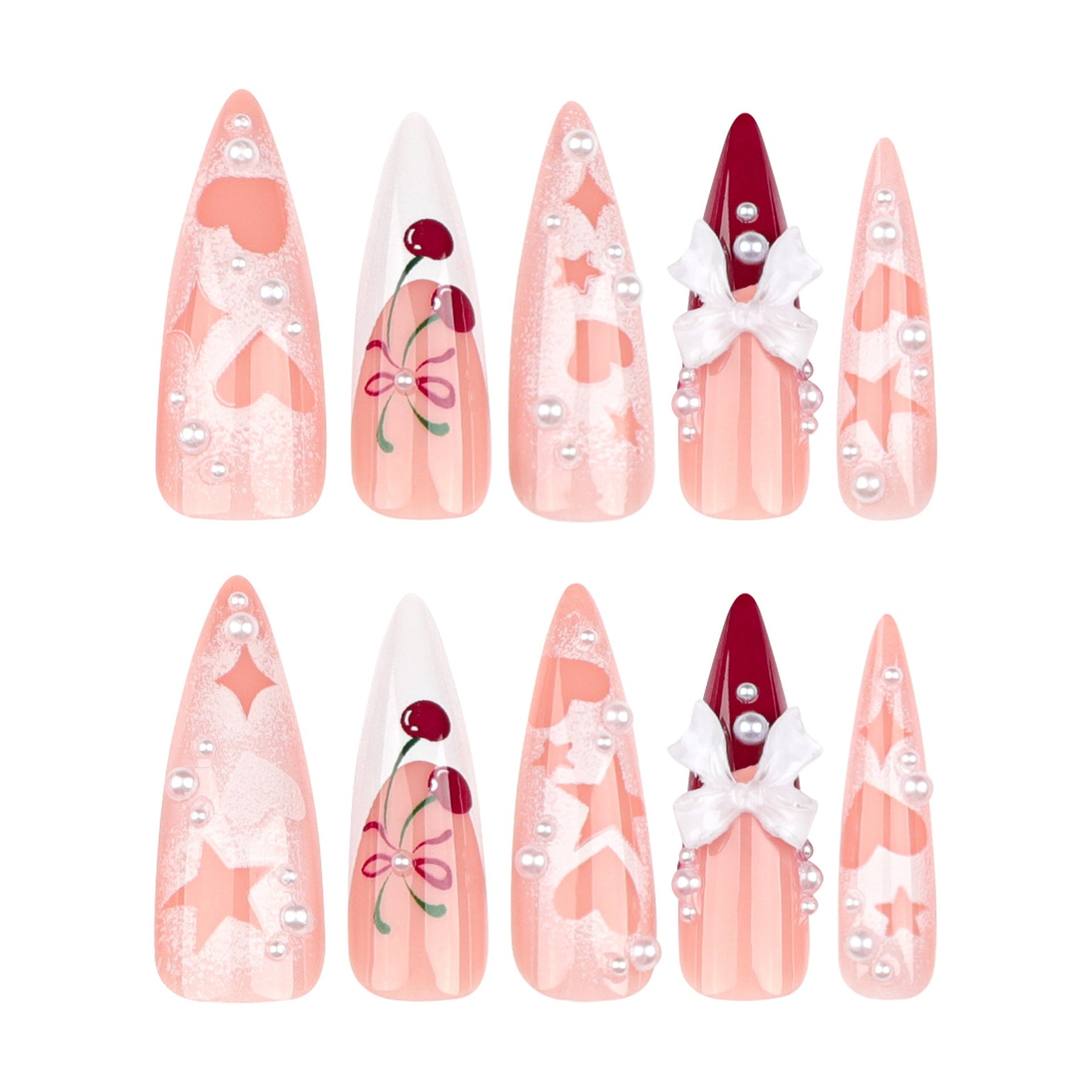 Cherry Pink French Nails with 3D Bows, Stars, and Hearts