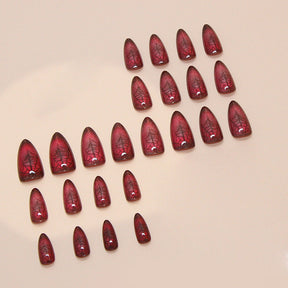 Red Cat Eye Spider Web Halloween Nails, Pointed Shape