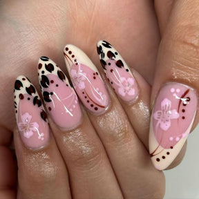 Removable Almond Nail Stickers with Leopard Print and Blossoms