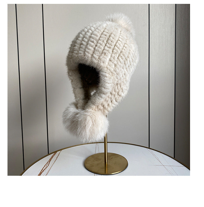 Warm Mink Fur Hat with Fox Pom Pom - Winter Luxury