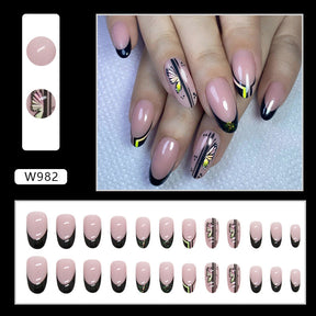 Oval Black French Nails, Sweet-Cool Butterfly Design