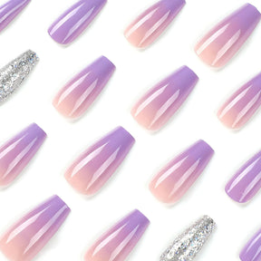 Purple Gradient Wearable Nail Art Tips with Silver Glitter