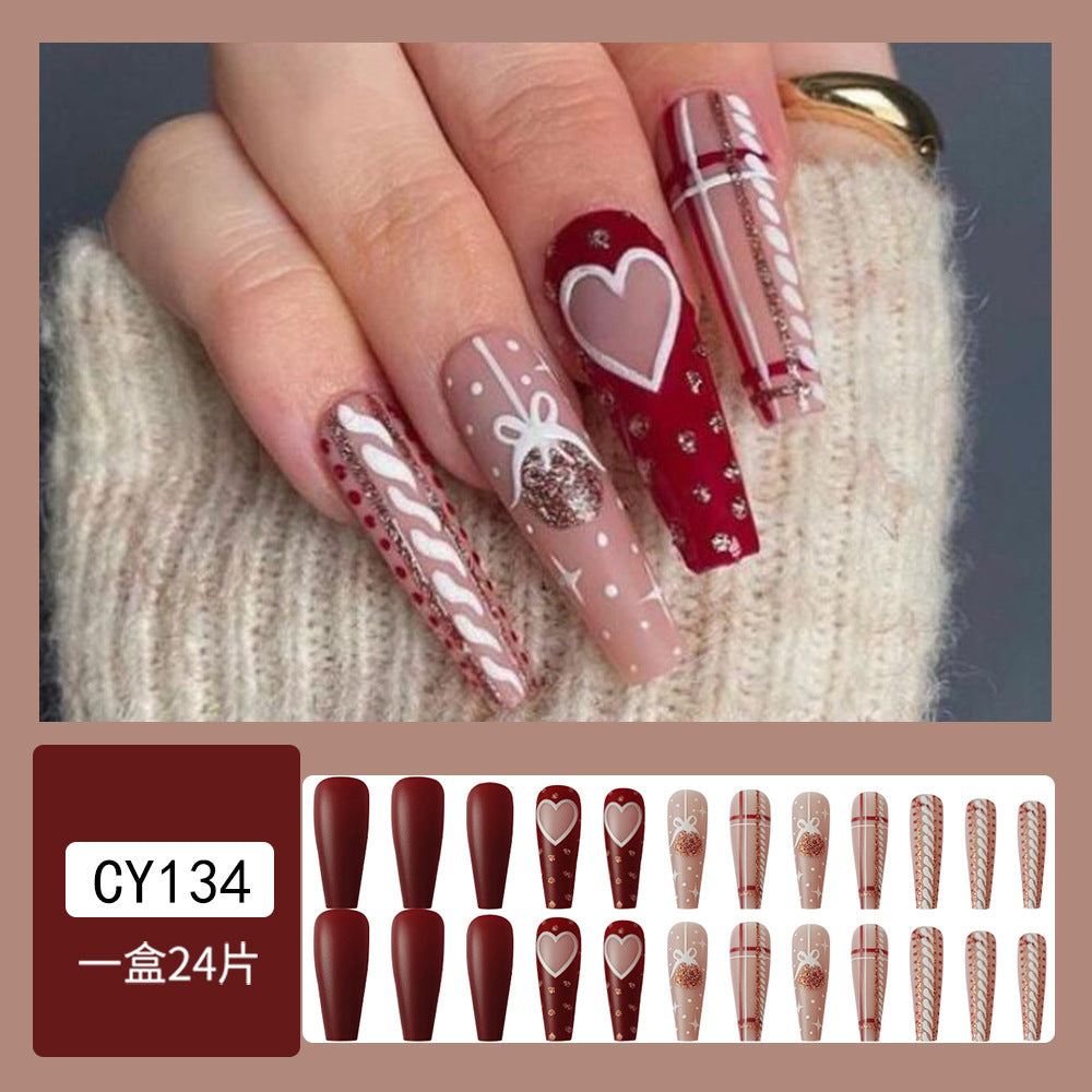 Christmas Striped Heart Bell White-Enhancing False Nails