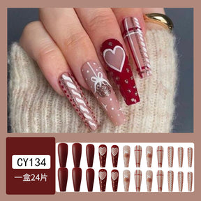 Christmas Striped Heart Bell White-Enhancing False Nails