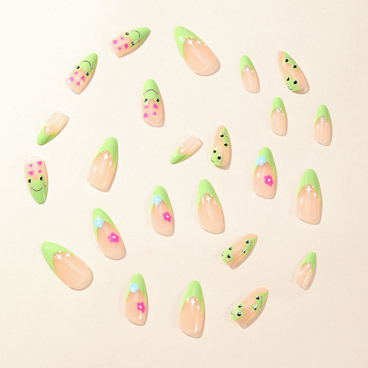 Cute Green French Frog Flower Print Removable Fake Nails