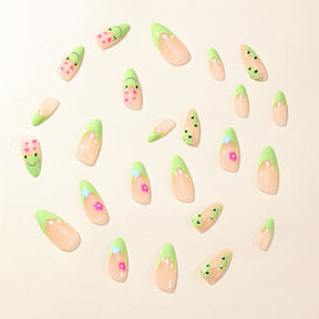 Cute Green French Frog Flower Print Removable Fake Nails