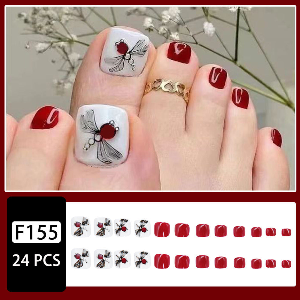 Wine Red Toe Nails, Natural Butterfly Design