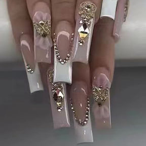 24-Piece Long French Nail Extensions with Diamonds, Butterflies