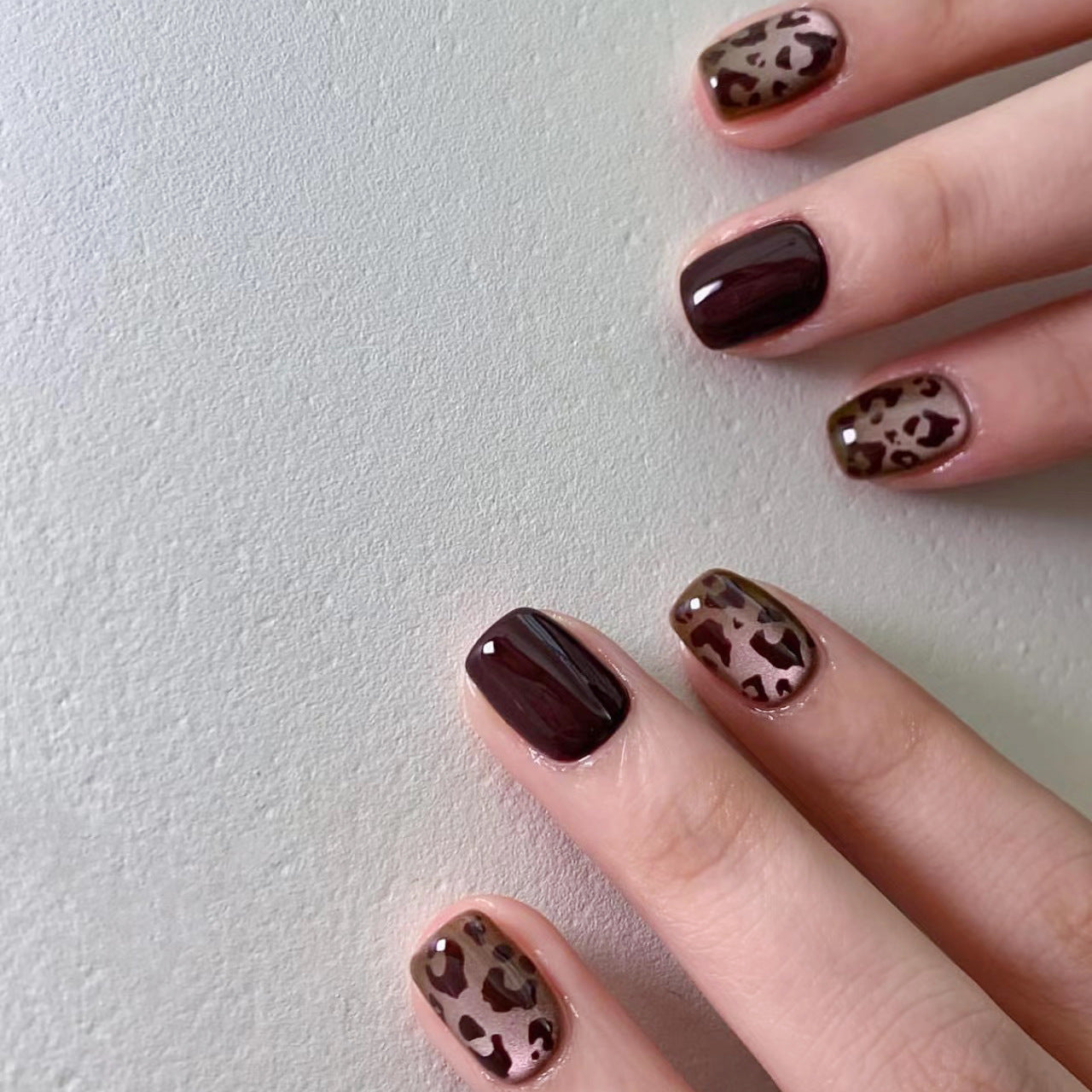 Burgundy Leopard Cat Eye Nail Tips for Autumn