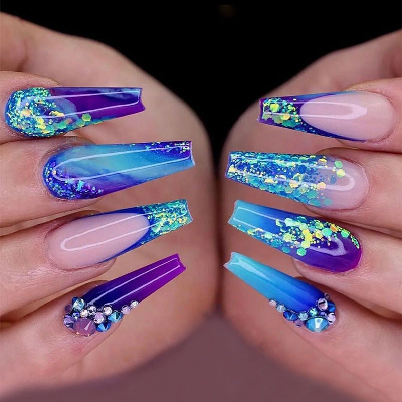 Blue Purple Gradient Flash French Nail Tips