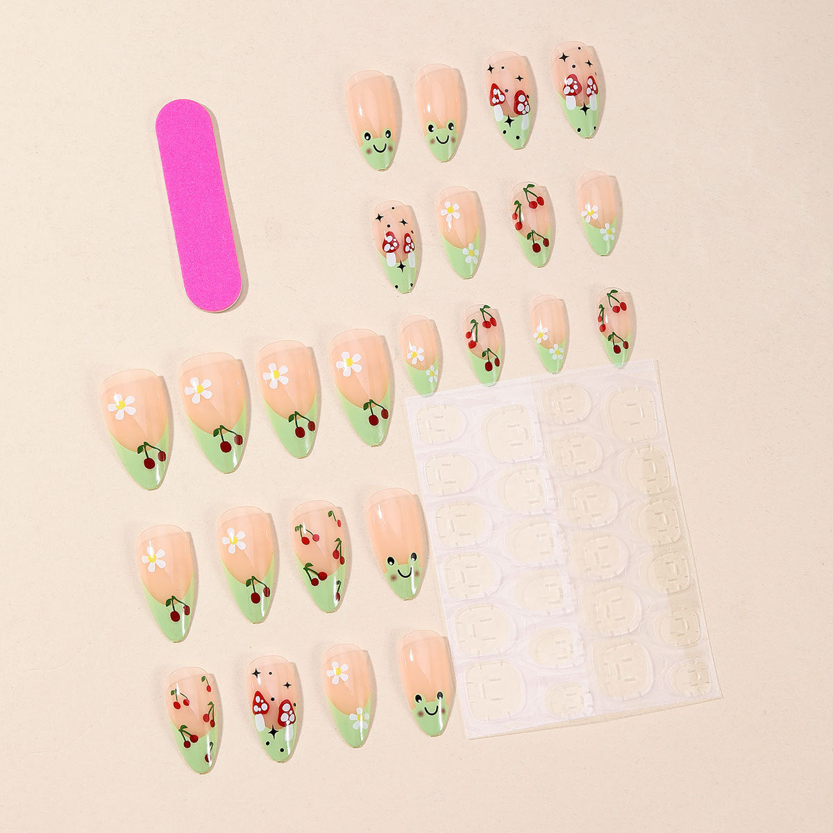 Almond Fresh Green French Cherry Blossom Frog Detachable Fake Nails