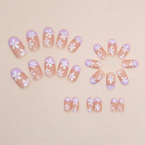 Oval Lilac French Nails, Cute Sweet Flower Design