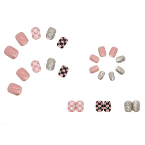 Pink Checkerboard Sparkle Press-On Nails - Removable