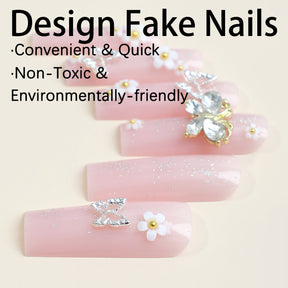 Super Long Flower Nail Tips with Diamond Silver  Butterflies