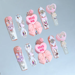 Handmade Nail Tips with Bows, Hearts, and Rhinestones