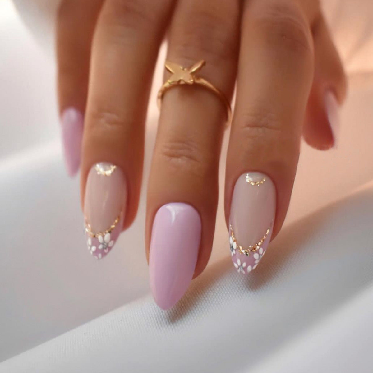 Solid Color Almond Nail Tips with Pink Diamond Border