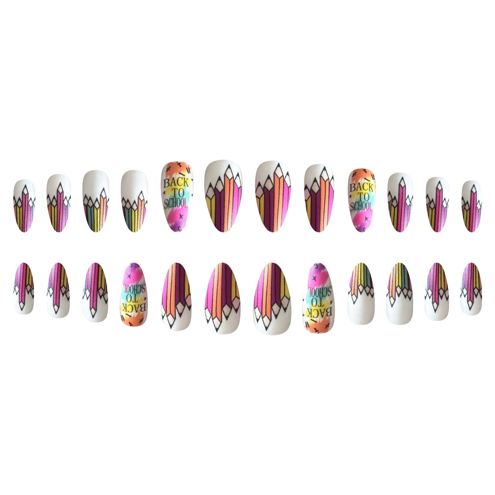 Back-to-School Medium Almond Matte Nail Tips with Crayon Designs