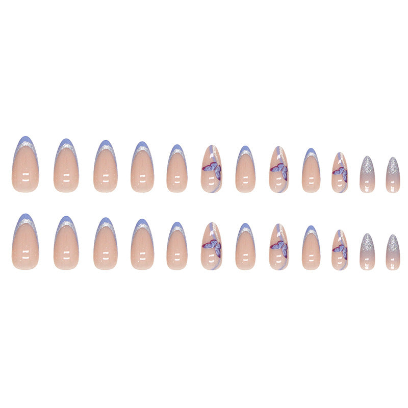 Dreamy Blue Purple Glitter Almond Nails Cute Butterfly Fake Nails Wholesale