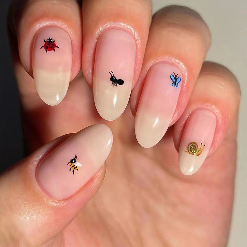 Apricot Gradient Almond Nails Adorable Animal Collection Butterfly Ant Snail Kids Nails