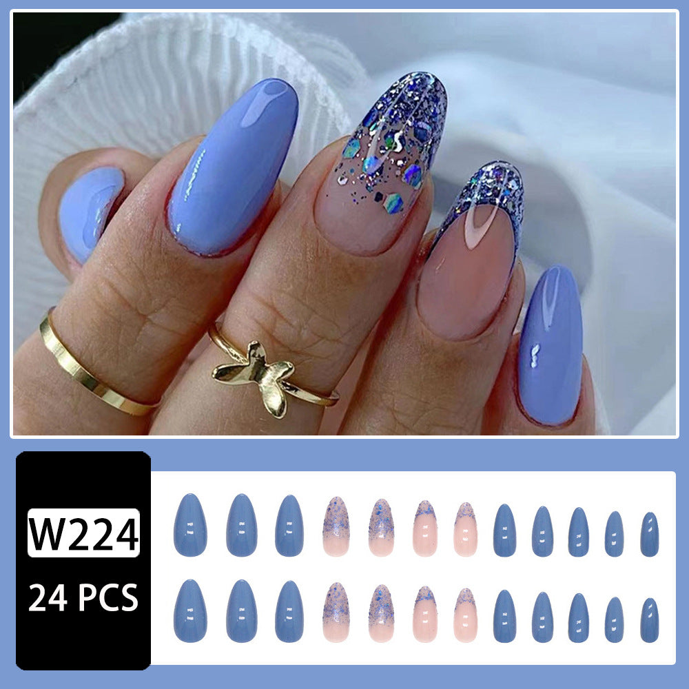 Almond Shape Clear Blue Sparkly Nails, Ins-Style