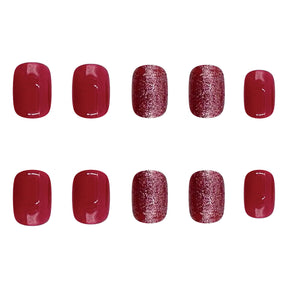 Rose Red Short Oval Luxury Glitter Nails