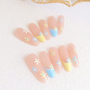 Chic Handmade Almond French Daisy Long Oval Cat Eye Fall Nails, Versatile Nail Patches