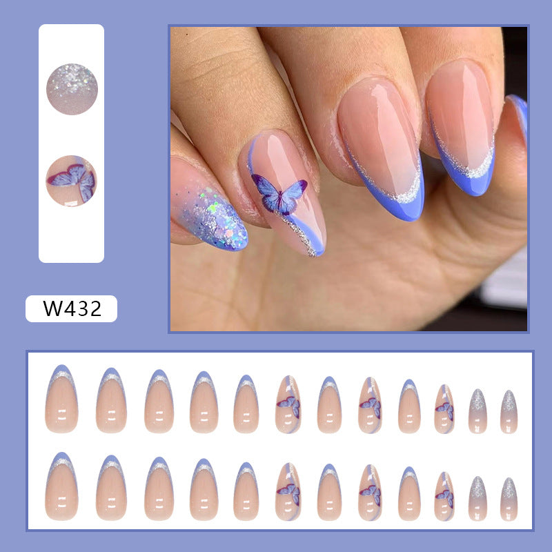 Dreamy Blue Purple Glitter Almond Nails Cute Butterfly Fake Nails Wholesale