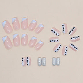 Blue-White Triangular French Nails with Heart Polka Dots, Pink Square