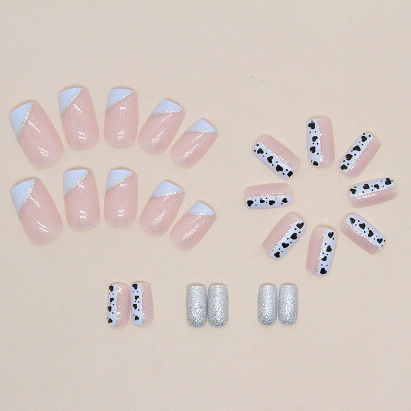 Blue-White Triangular French Nails with Heart Polka Dots, Pink Square