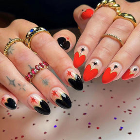 Short Oval Punk Black Red Heart French Nails with Gold Edge and 3D Pearls