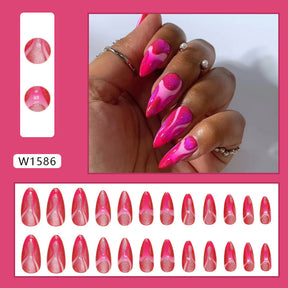 Removable Fake Nails Rose Red Wave Design 24-Piece