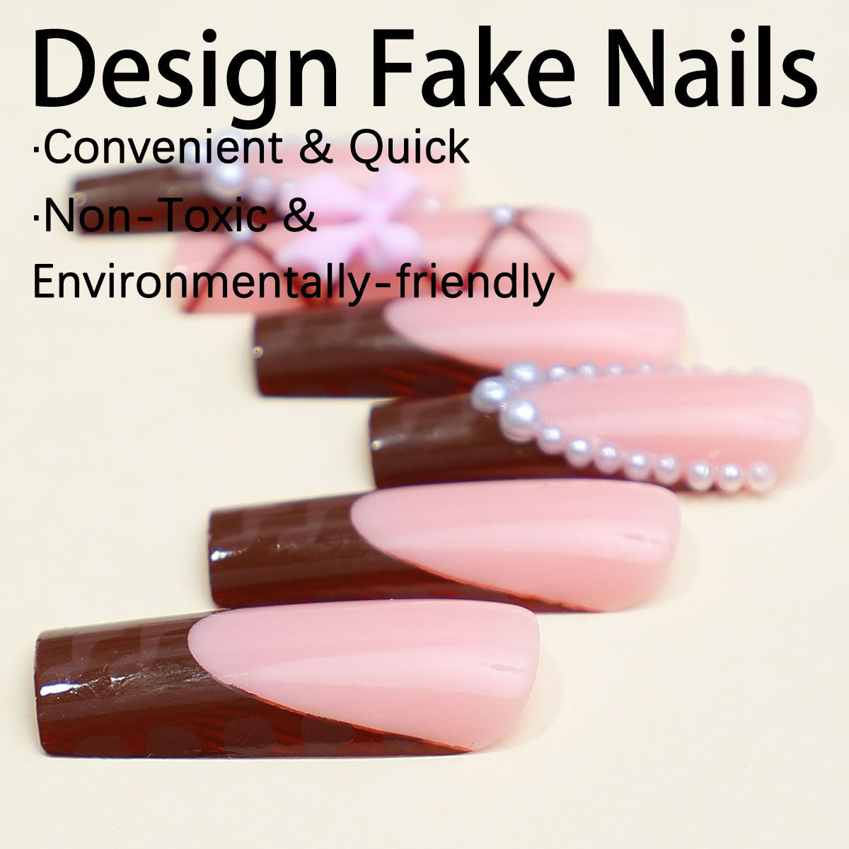 Long French Chocolate Nail Tips with Bow and Pearls