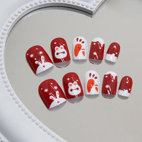 Rabbit Design Wine Red Fall Nails: 24-Piece Removable Nail Wraps