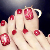 Removable Wine Red Gold Foil Line Toe Nail Tips