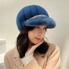 Warm Real Fur Trapper Hat with Rhinestones