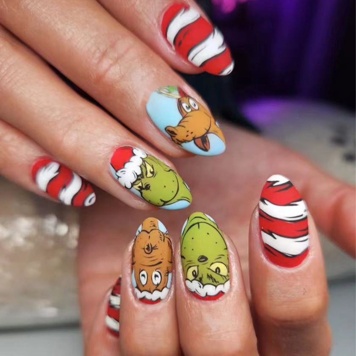 Christmas Red White Striped Grinch Design Cute Nail Tips