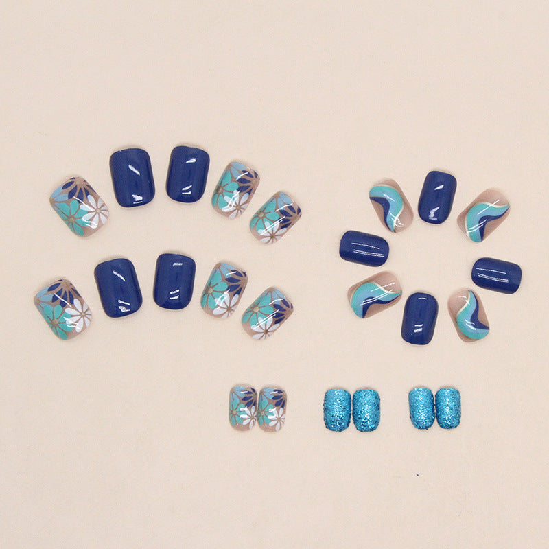 Short Fresh Morandi Blue Wave Fall Nails - High-Shine Glitter Nail Tips