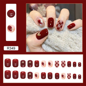 Removable Maroon Nails - Checkerboard Heart Stickers