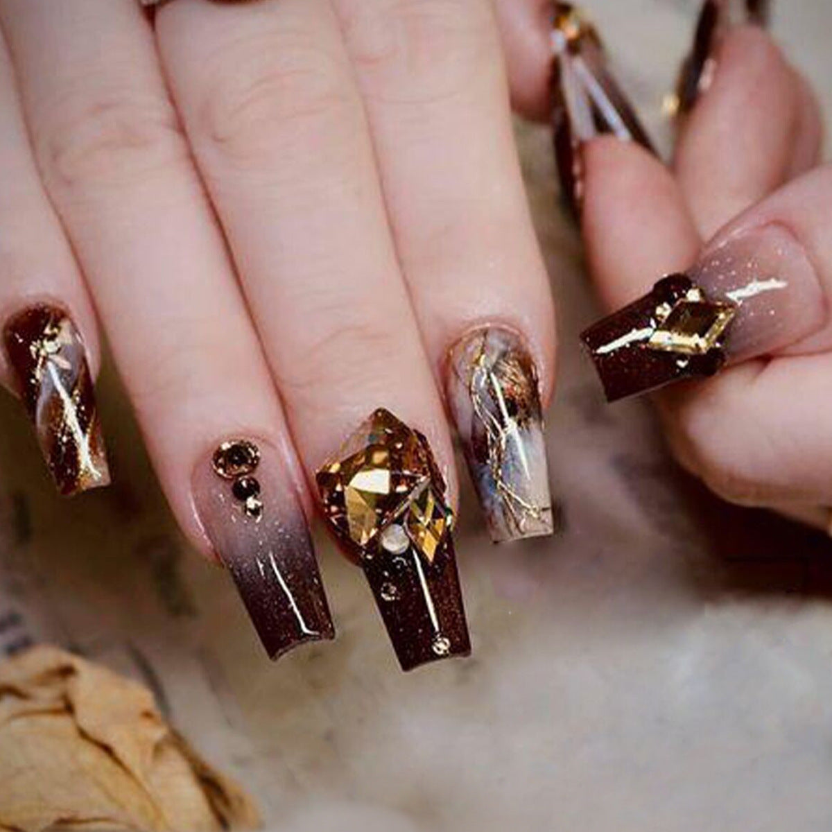 Brown Gradient Sparkly Diamond Nail Tips