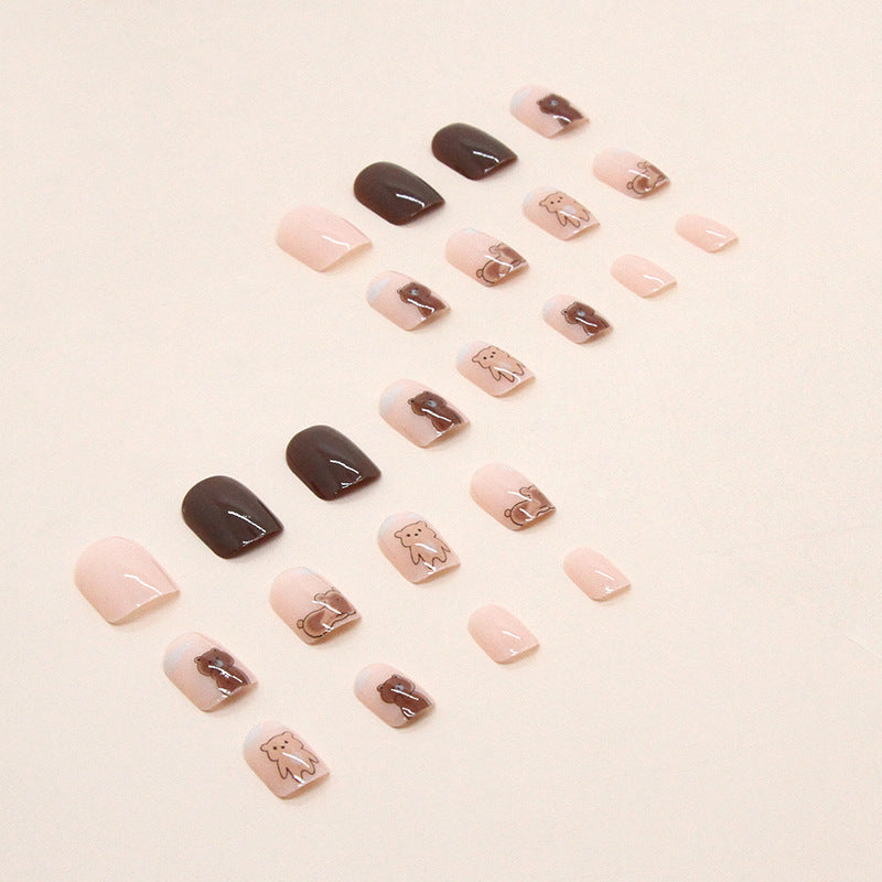 Short Square Pink Translucent Nails, Cute Brown Bear, Ins Style