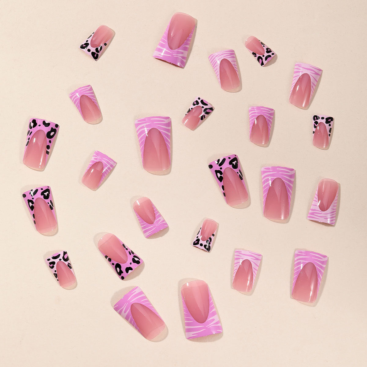 Pink Leopard Print French Tip Removable Nail Extensions